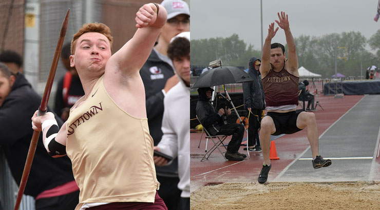 Kevin Givone, left, with javelin in hand about to throw. Joe Jardine, right, in mid-air above the long jump pit.