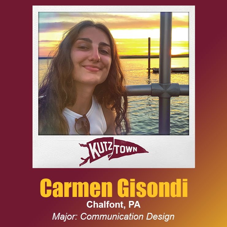 Carmen Gisondi headshot in front the ocean at sunset, with her name and major, communication design, listed below her picture