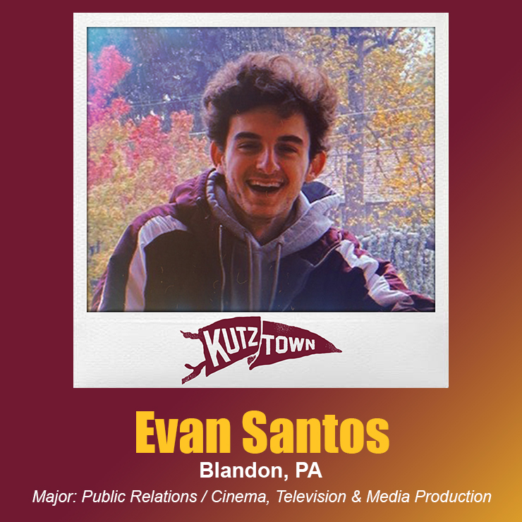 Evan Santos headshot with his majors, public relations and cinema tv and movie production, listed under his picture 