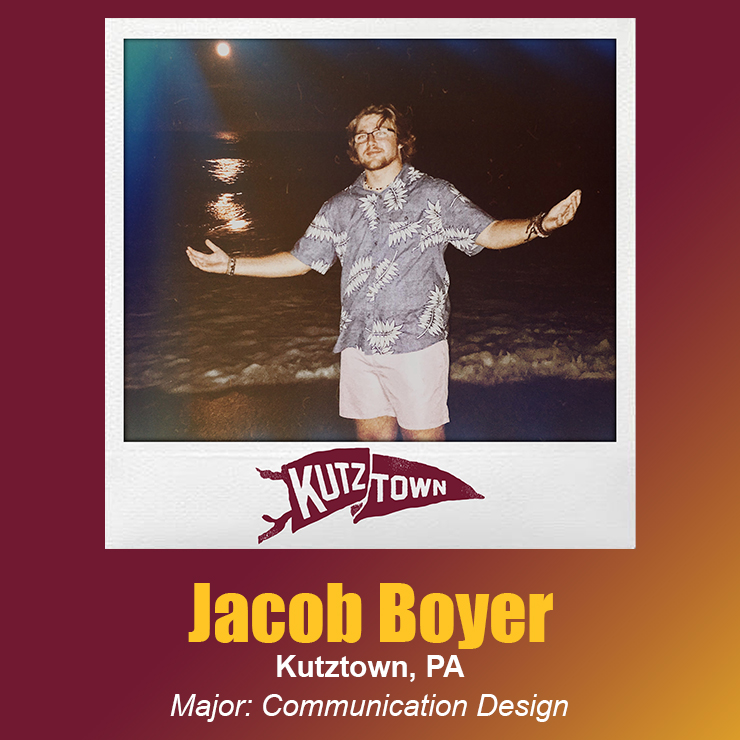Jacob Boyer standing outside, posing with his arms spread out wide and smiling, with his name and major, communication design, listed below his picture