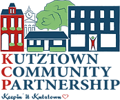Kutztown Community Partnership logo, graphical depictions of buildings, trees and the KU clock tower, above the words "Kutztown Community Partnership Keepin it Kutztown"