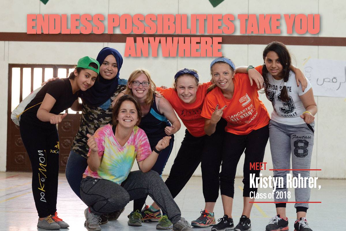Meet Kristin Rohrer poster that says "endless possibilities take you anywhere" over a picture of female students smiling in a group with their arms around each other