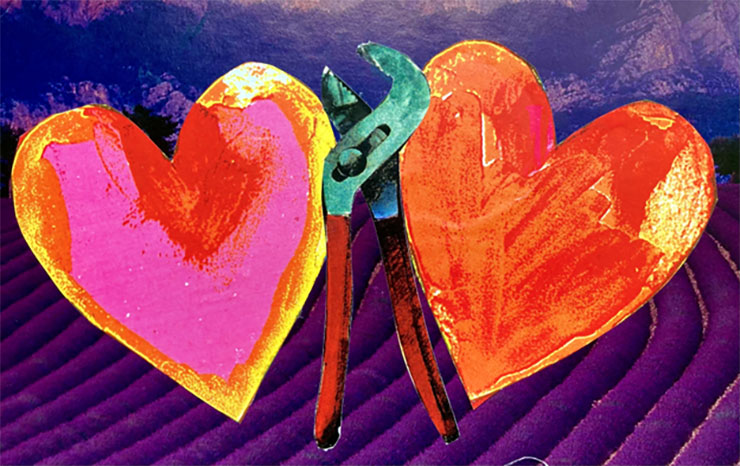 Graphic illustration of two hearts one pink one red with an image of a wrench tool between them