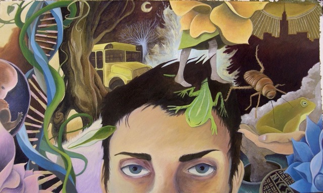 Surreal painting of a man's head surrounded by images of DNA, a bus, a human hand holding a frog, a beetle, a tree, a crescent moon, and a city landscape