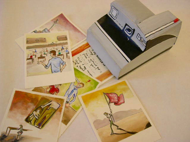Drawing of a camera surrounded by several Polaroid photographs 