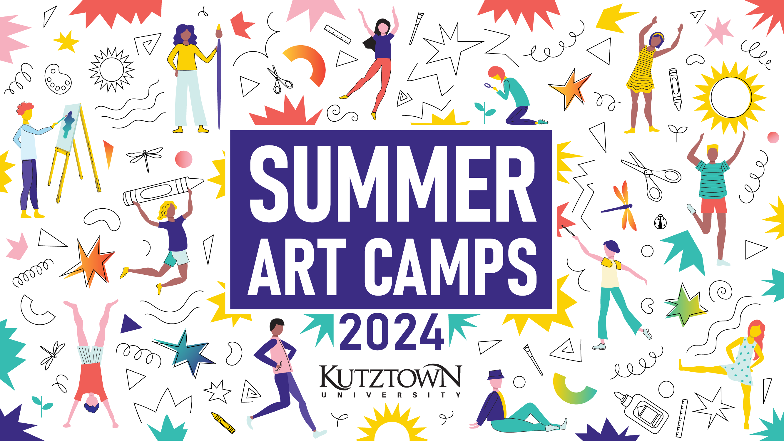 Summer Art Camp 2024 Banner. Flat illustrations of people and art supplies.