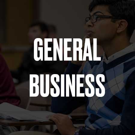 An image of a male with a notebook and a pen with the words general business on top