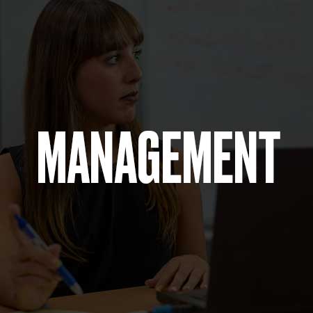 An image of a female at a desk working on a laptop with the word management on top of it