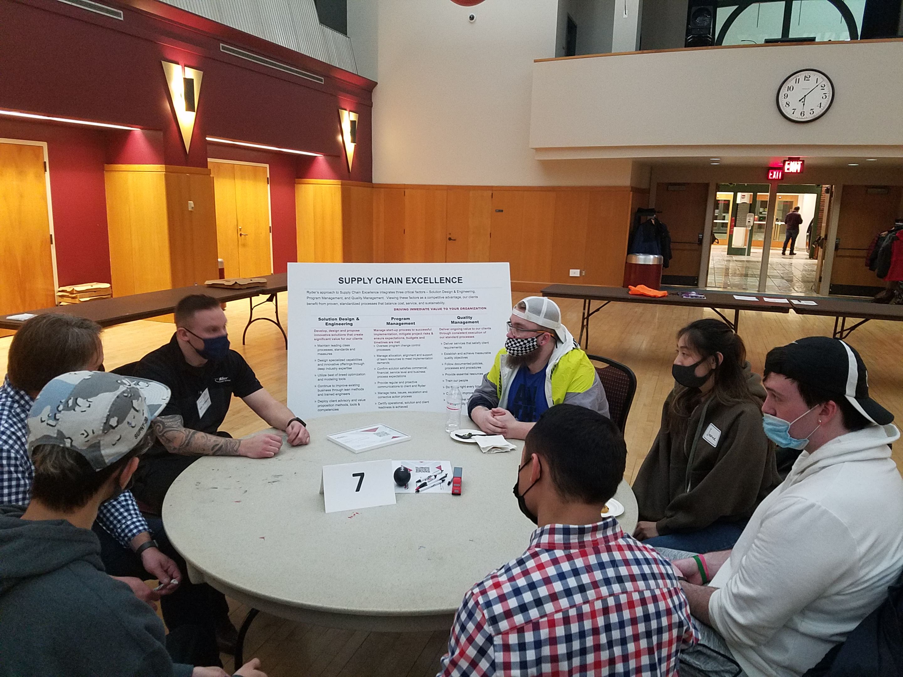 Group of staff and student staff members sitting around a table in the large group room in the MSU, in front of a board that says "supply chain excellence." 