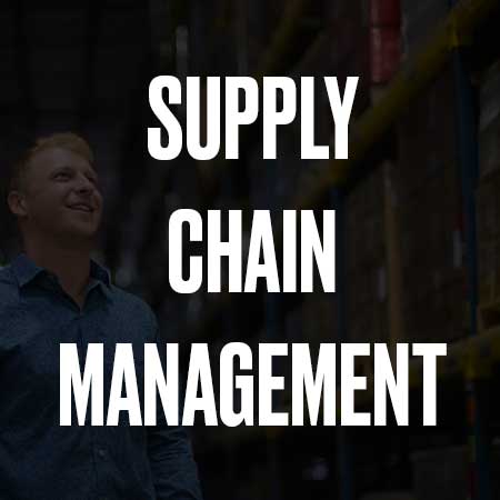 A male standing in front a stacks of shelves full of boxes in a warehouse with the words supply chain management on top of it