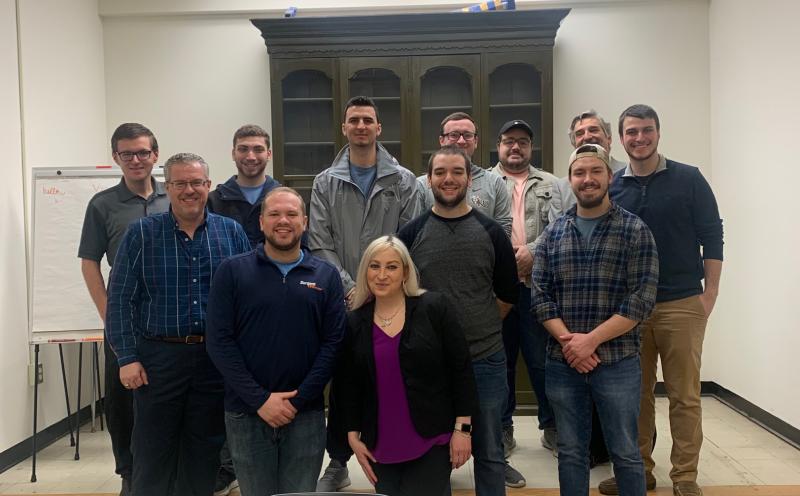 Top row: Michael Pallanti, James Galiato, Vince Sciortino, Kyle Reppy, Alex Vedral, David (professor) Wagaman, Phil Houseknecht Middle row: Dr. Greg Kaufinger, Matthew Achey, Chris Waller. Bottom Row Unknown, Shirley Claude.