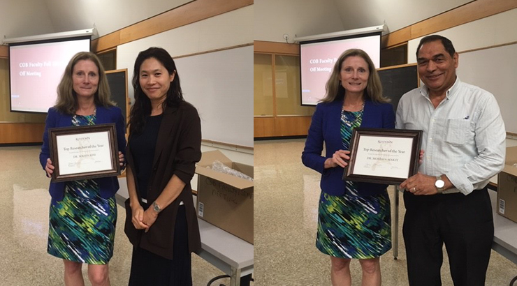 Dr. Soojin Kim and Dr. Mostafa Maksy recieve "Top Researcher of the Year" Awards from Dean Anne Carroll.