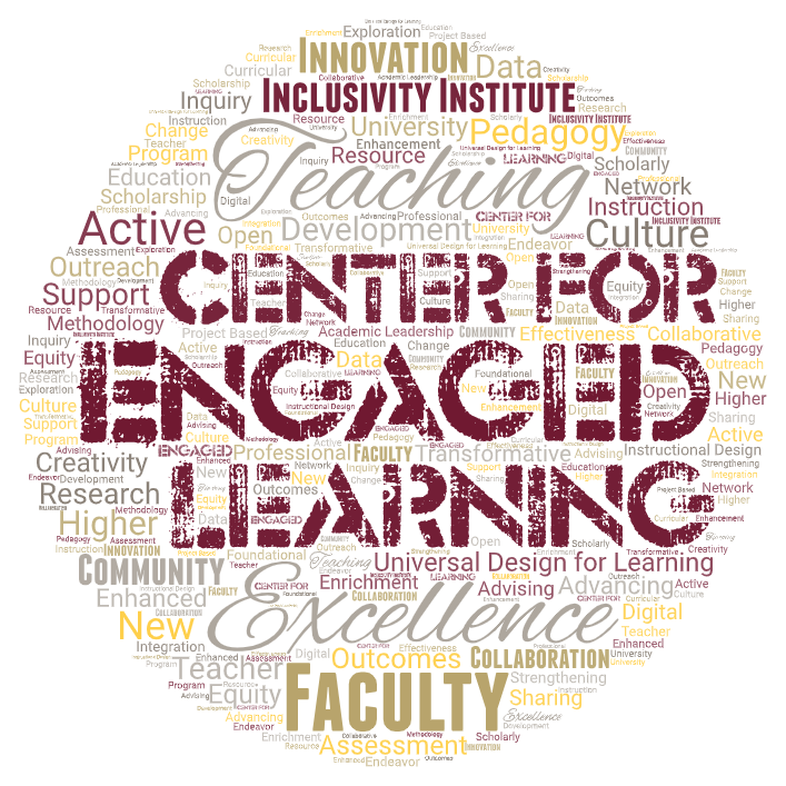 Combined word abstract art with the words Center for Engaged Learning bold in the center 