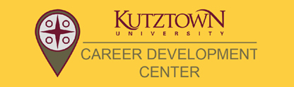 a bright yellow background with the Career Center logo (a map icon) The words Kutztown University in maroon and career development center in grey