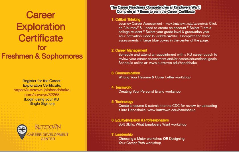 Career Exploration Certificate for Freshman and Sophomore Register for the Career Exploration Certificate: https://kutztown.joinhandshake.com/surveys/32265 (Log in using you KU Single Sign On) 1.	Journey Career Assessment- Click on “Journey” & select “I need to create an account.” Select “I am a college student.” Select your grade level and graduation year. Your Activation Code is: J3825742ANJ. Complete the three assessments in large blue boxes in the center of the page. www.kutztown.edu/tests 2.	Schedule and attend an appointment with a KU career coach to review your career assessment and/or career/education goals. Schedule online at: www.kutztown.edu/handshake.  3.	Writing Your Resume & Cover Letter Workshop 4.	Creating Your Personal Brand Workshop 5.	Create a resume & submit it to the CDC for review by uploading int into Handshake: www.kutztwon.edu/handshake. 6.	Soft Kills: What Employers Want Workshop and CoB Networking Event 7.	Choosing a Major Workshop or Designing Your Career Path Workshop