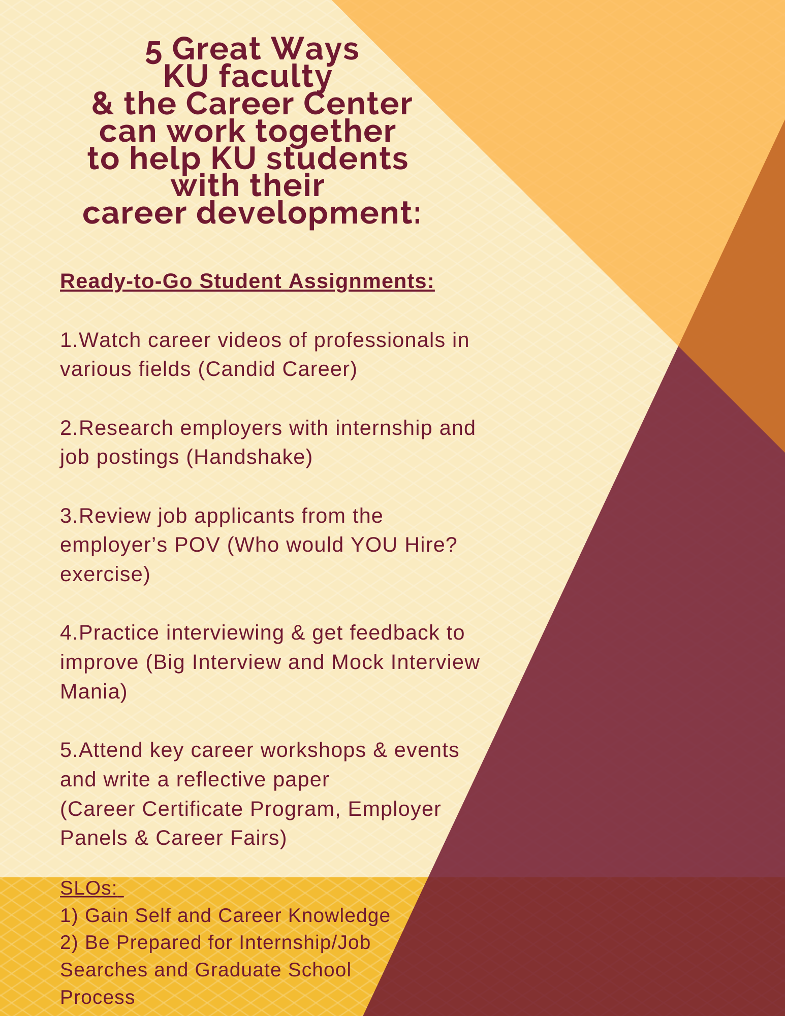 5 Great Ways the KU Faculty and the Career Center can work together to help KU students with their career development: 1. Watch videos of professionals with Candid Career  2. Search for employers on Handshake  3. Learn to review applicants from the employer's POV in the Who would you hire exercise  4. Practice and get feedback on interview skills through Big Interview and Mock interview mania  5. Attend career workshops and make yourself stand out with the Career Certificate, employer panels and career fairs