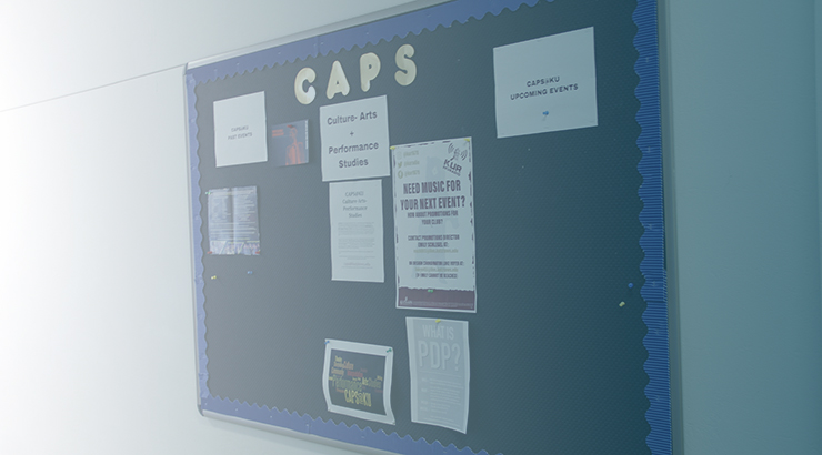 Culture, arts & performance studies (caps) announcement board in the hallway 