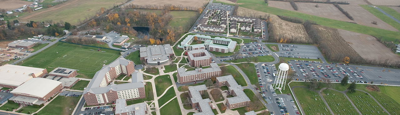 Aerial shot of south campus, showing the dorm and apartment buildings on campus