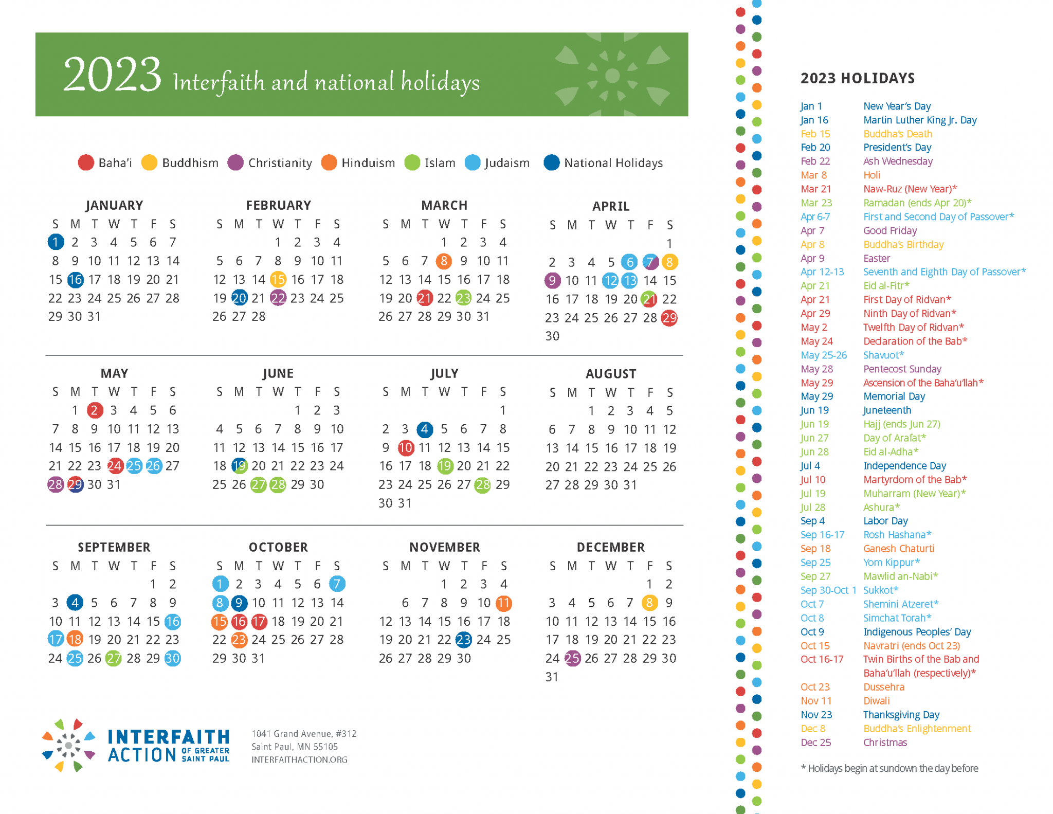 white interfaith calendar with dates in different colors