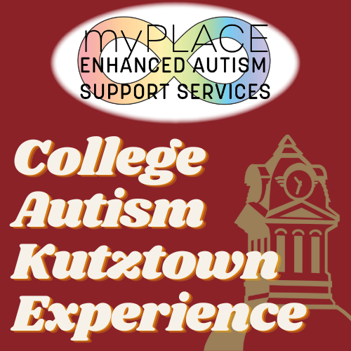 My Place College Autism Kutztown Experience logo, with gold outlined Old Main clocktower on a maroon background.