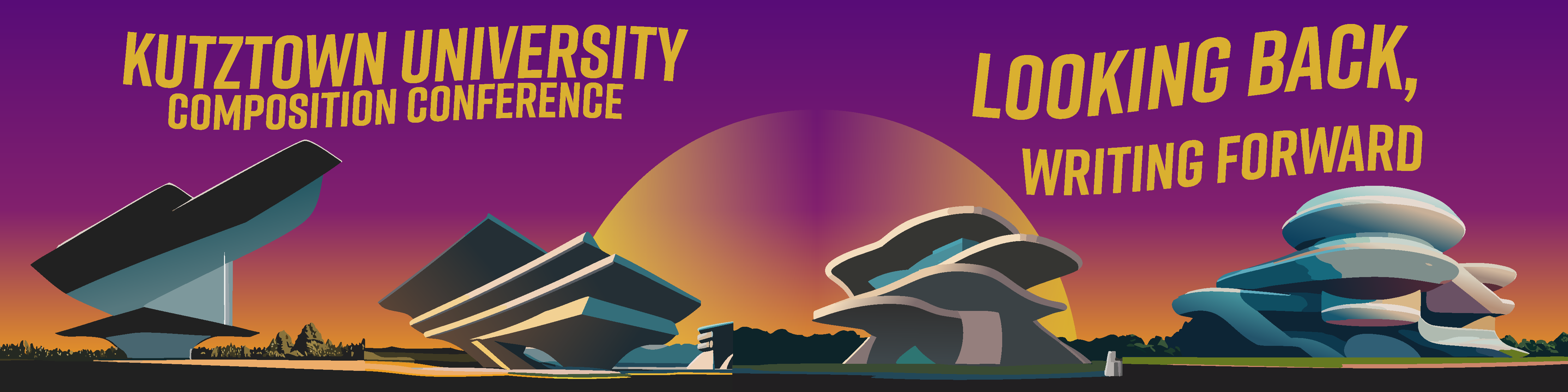 KUCC 2024 logo:"Kutztown University Composition Conference: Looking back, writing foward" on purple background with sunset and futuristic looking buildings