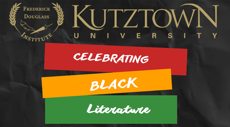 Frederick Douglass institute logo, next to Kutztown University with the wording "Celebrating Black Literature" in red, orange and green blocks.