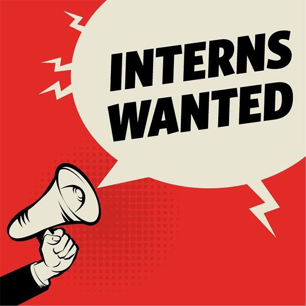 Clipart of a bullhorn with a text bubble that says "interns wanted"