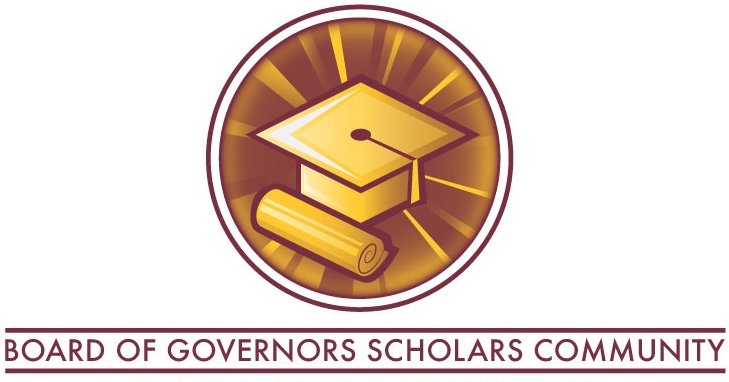 Board of governors scholar community logo, a golden grad cap and degree 