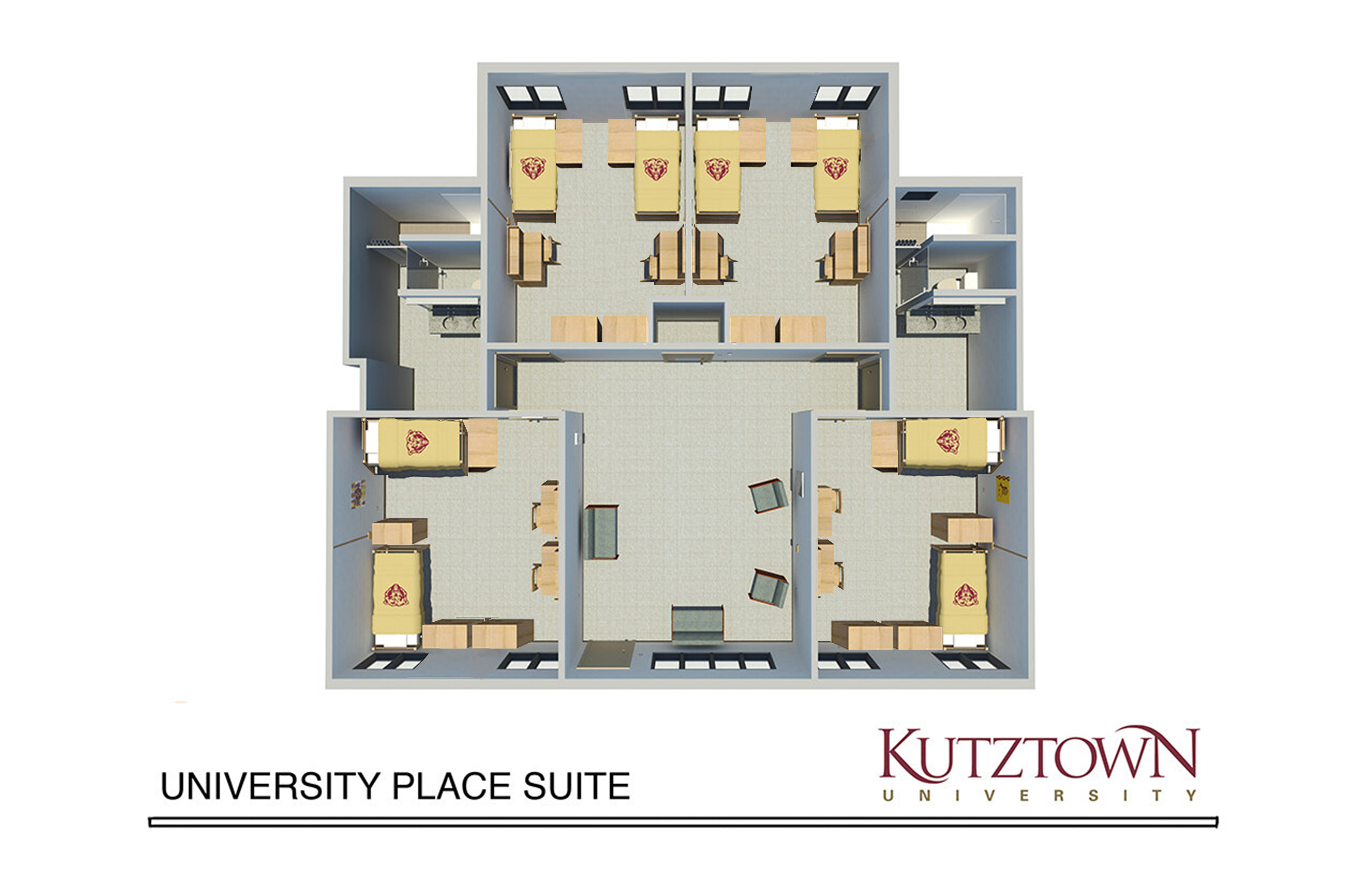 floor plan of university place, showing 4 double bedrooms surrounding a middle common area, and two full bathrooms on each side of the suite