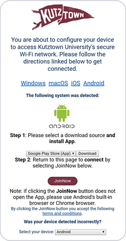 Popup that says you are about to configure to KU wifi, with the Kutztown logo at the top of the page and the android logo lower, above a button that says "join"