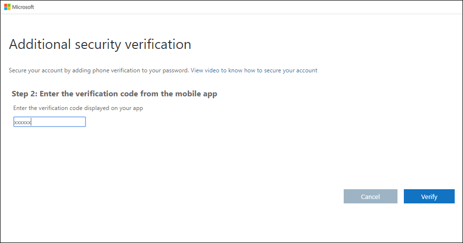 Additional security verification step 2 screen where you input the code texted to your mobile device.