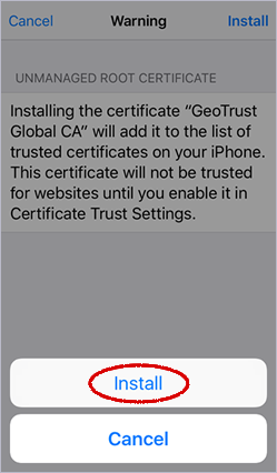 Second warning popup asking to confirm the installation for Geo Trust, with the "install" button at the bottom of the screen circled