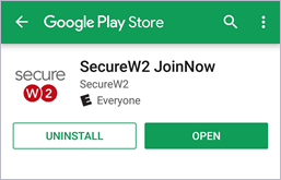 secure w2 upload certification in the google play store, with buttons that say "uninstall" and "open" below