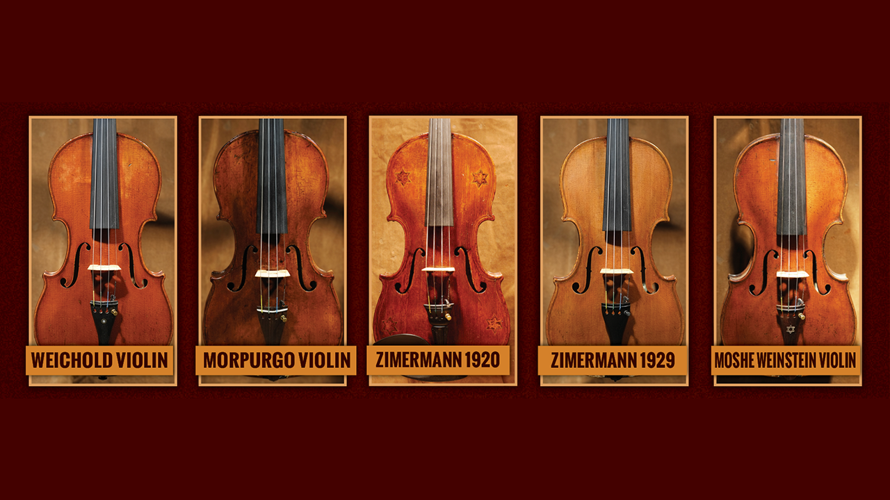 Banner with types of violins (from left to right) weichold, morpurgo, zimmerman 1929, moshe weinstein  