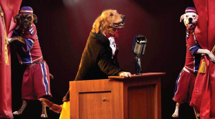 A golden retriever, wearing a suit, stands up on a podium while two smaller dogs, wearing concierge uniforms, hold back red curtains on either side of the retriever.  