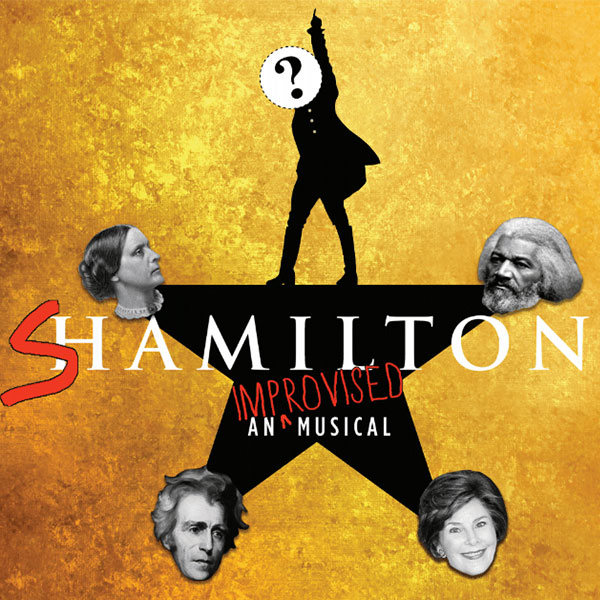 Shamilton logo, with wording Shamilton an improvised musical parodies the Hamilton star logo with photos of historical figures at the points of the star.