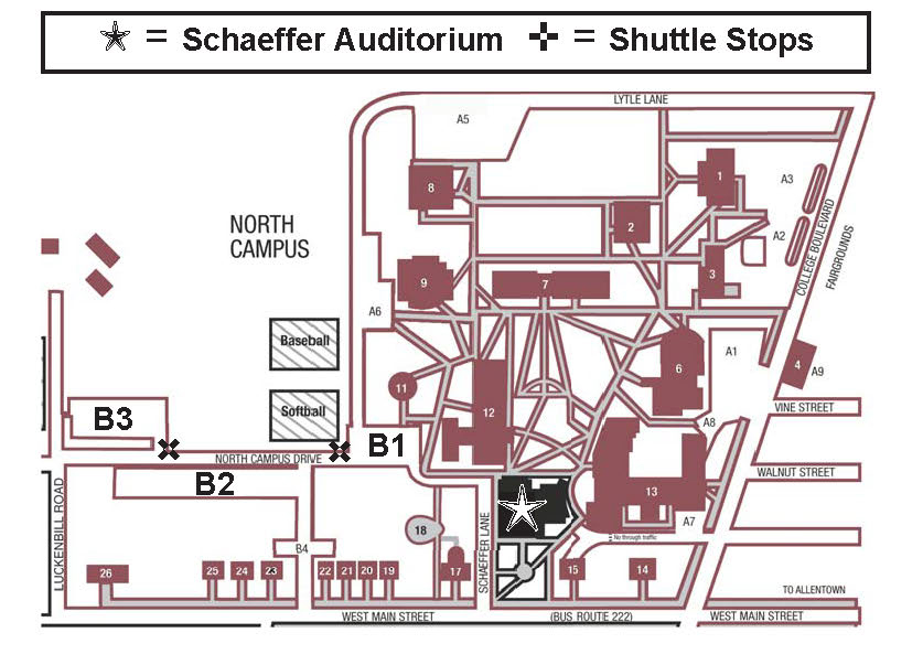 partial map of campus, showing where Schaeffer Auditorium and best parking is located to attend KU Presents! shows.