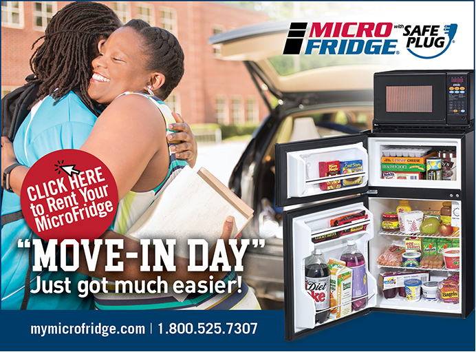 Microfridge advertisement with the product in the foreground and two women hugging in the background, with the text "move-in day just got a lot easier"