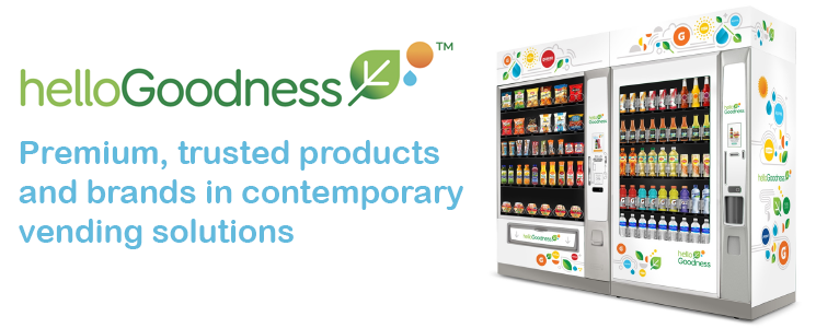Hello Goodness logo, "premium, trusted producs and brands in contemporary vending solutions" Vending Machines