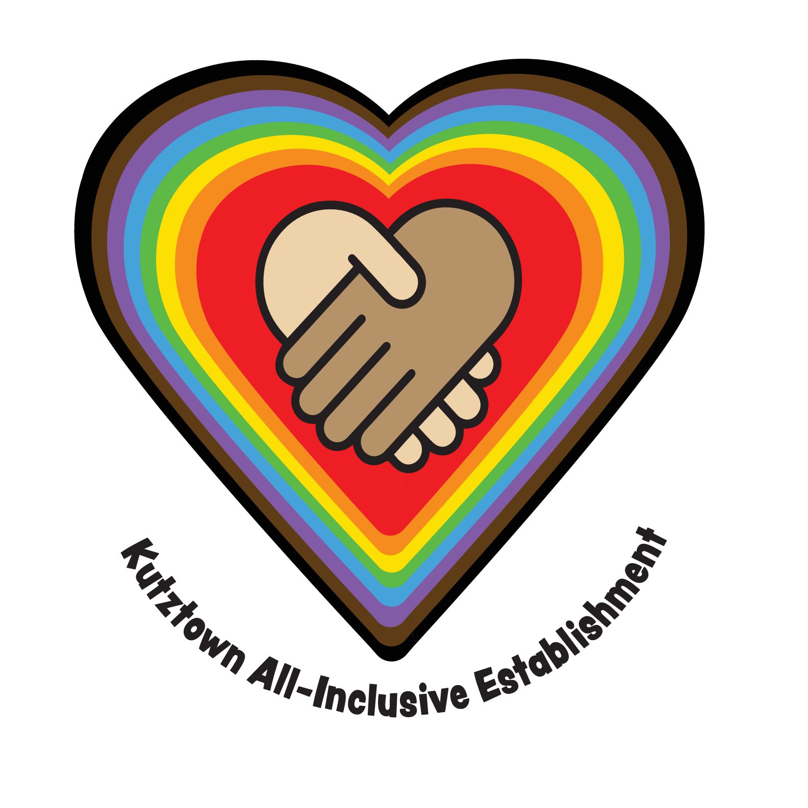 Kutztown all-inclusive establishments logo, two hands shaking inside multi-colored heart shapes.