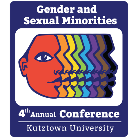 Logo for gender and sexual minorities conference - blue box with overlapping rainbow faces 