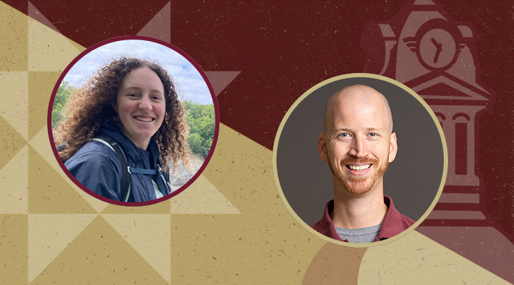 Photos ofDr. Darren Achey, professor of Biochemistry, and Sierra Smart, a sophomore Geology Major, on a KU BannerKU banner