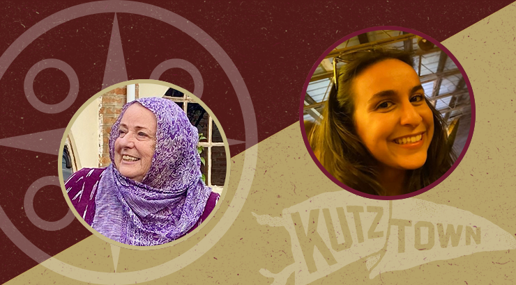 Photos of Dr. Christine Saidi, professor of History, and Valeria Mangiapane, a senior Social Work major, on a KU BannerKU banner