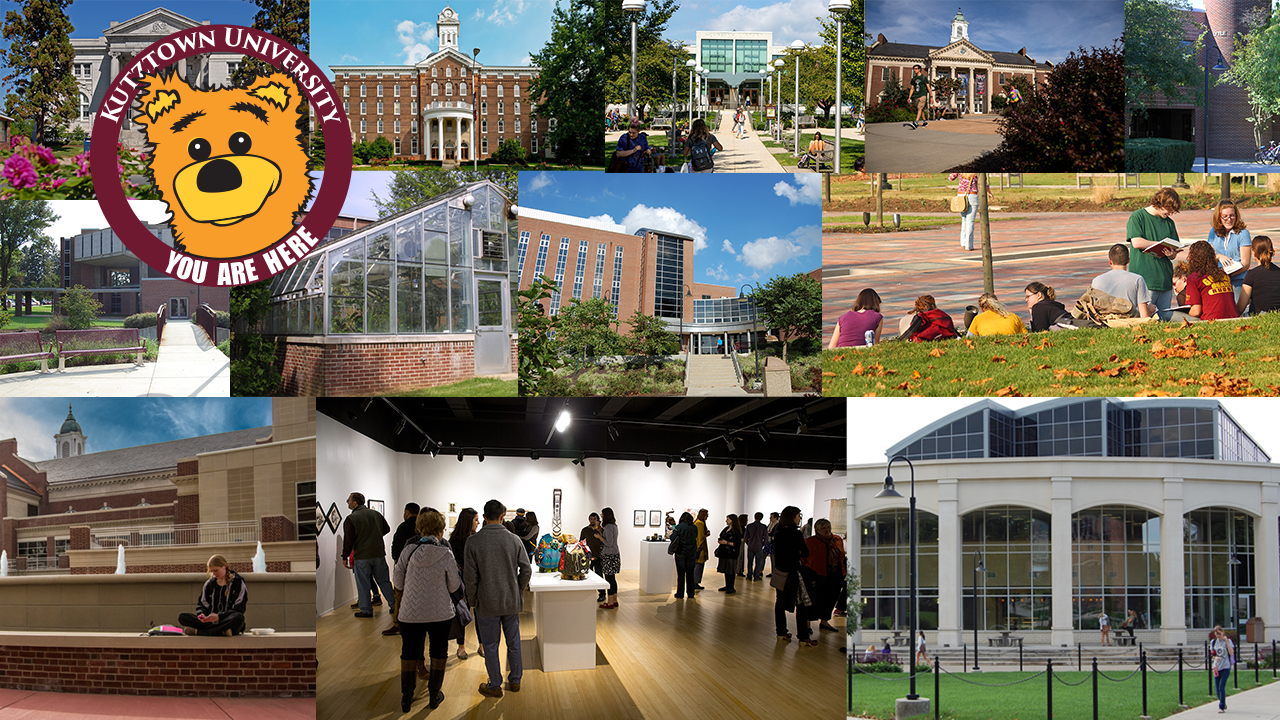 Kutztown Golden Bear "You Are Here" sign with images of campus locations and buildings.