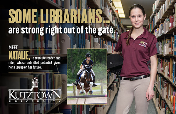 Female Student in library. "Some Librarians are strong right out of the gate. Meet Natalie, a resolute reader and rider, whose unbridled potential gives her a leg up on her future."