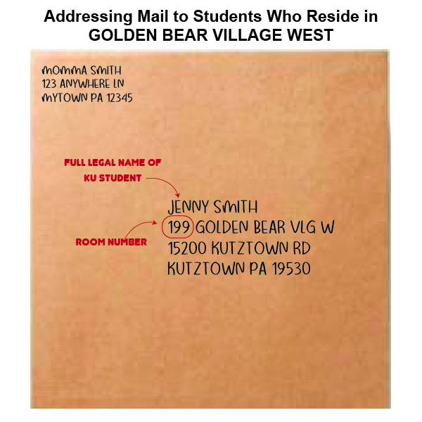 Closeup on the address line of an envelope, with an example for how to write the address of a student who lives in Golden Bear Village West