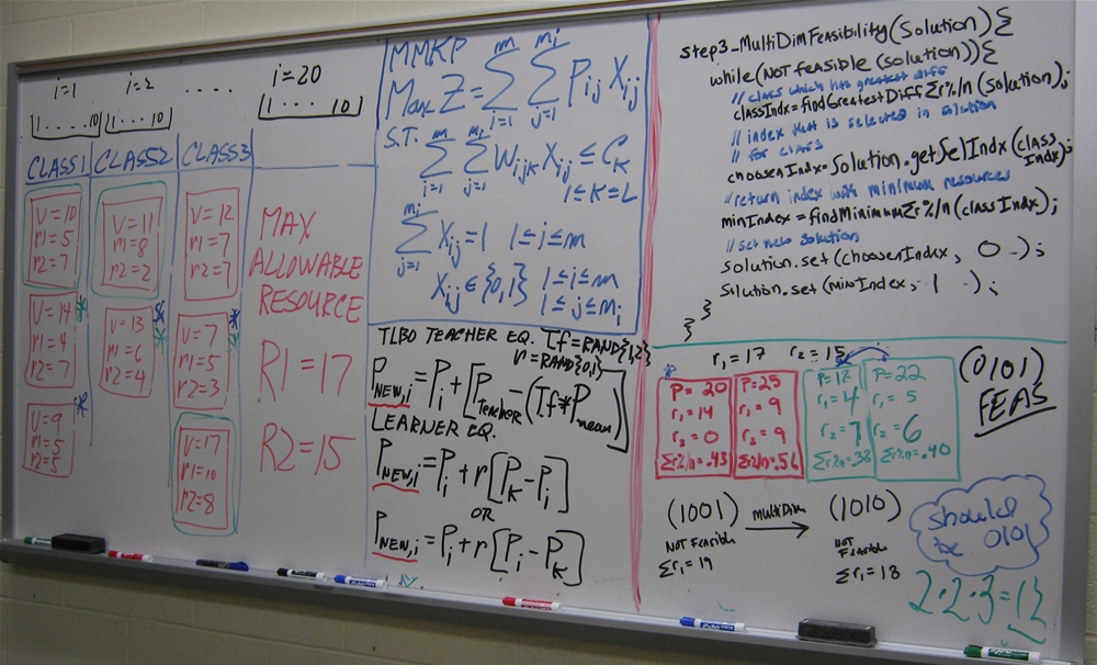 Whiteboard filled with mathematics