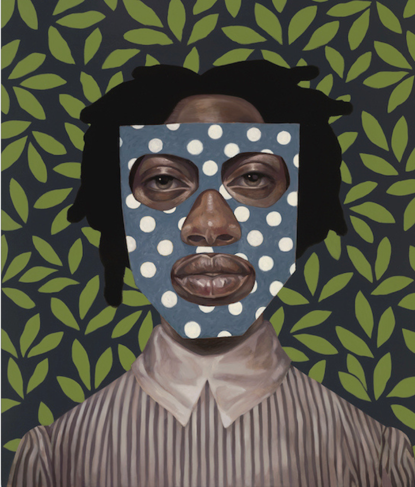 painted image of a man's face with pattern dots and leafy background
