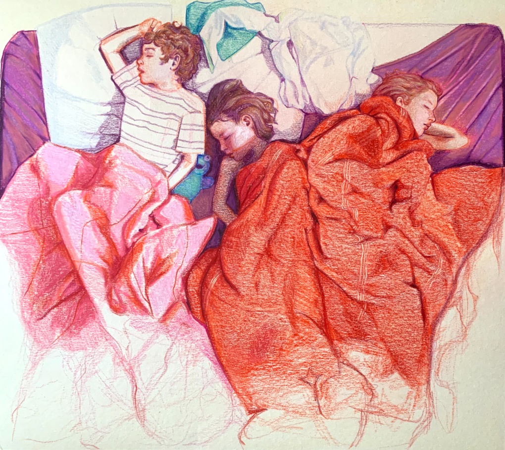 Painting of three small children sleeping in a bed 