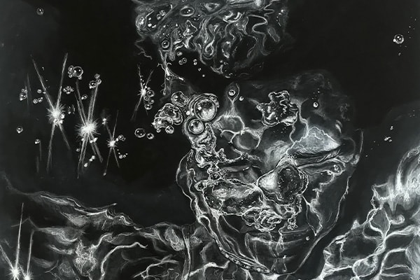 Black and White drawing of girl underwater with bubbles